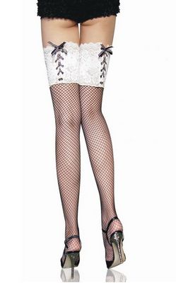 Black Fishing-net Stockings With White Embroideries Lace